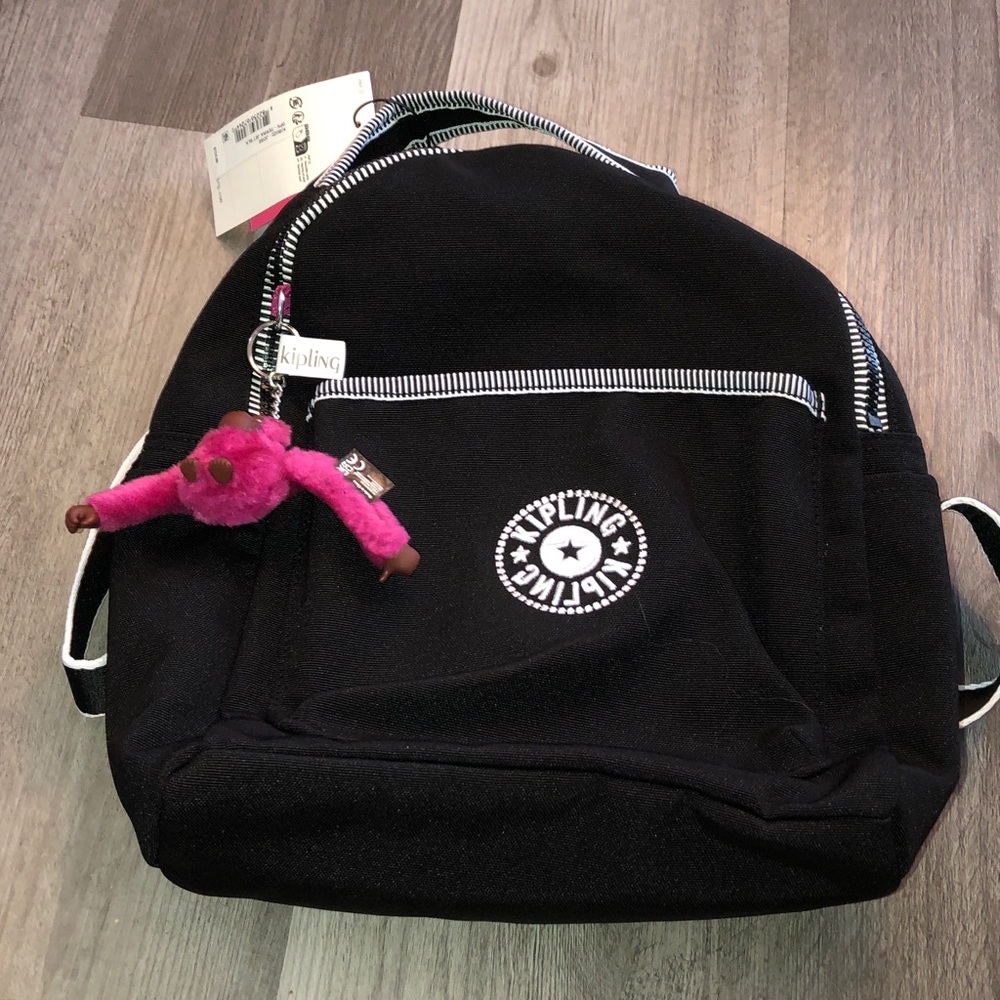 Kipling Jose Backpack Color Terra Jet Black + Pink Faux Fur Monkey Keychain NWT